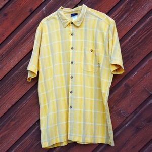 Patagonia organic 100% cotton poplin Yellow, grew and white plaid shirt